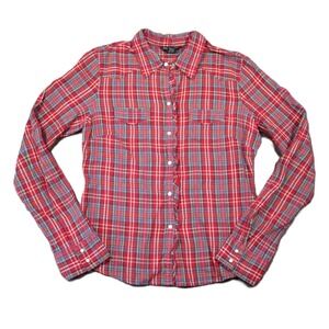 Abercrombie Fitch Western Shirt M Red Plaid Pearl Snap Ruffle Trim Rodeo Cowgirl
